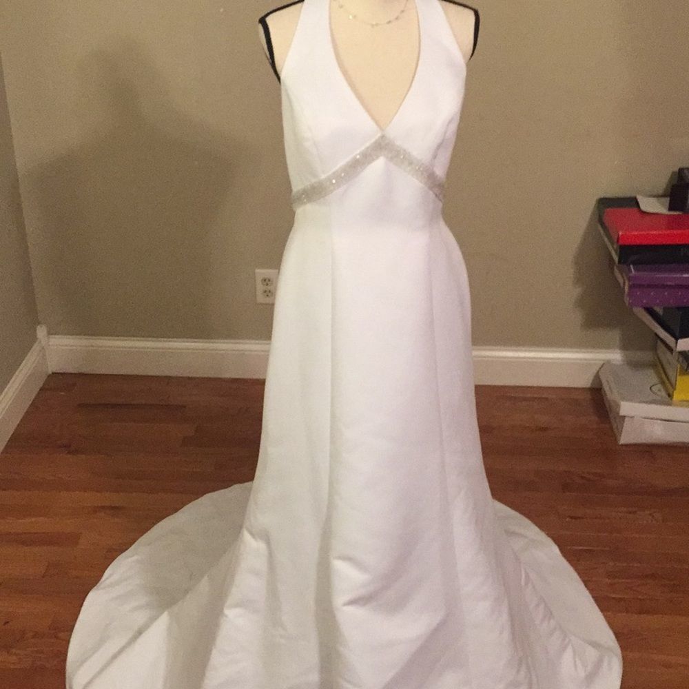 Galina Davids Bridal size 14 halter wedding dress plunging V front with belt